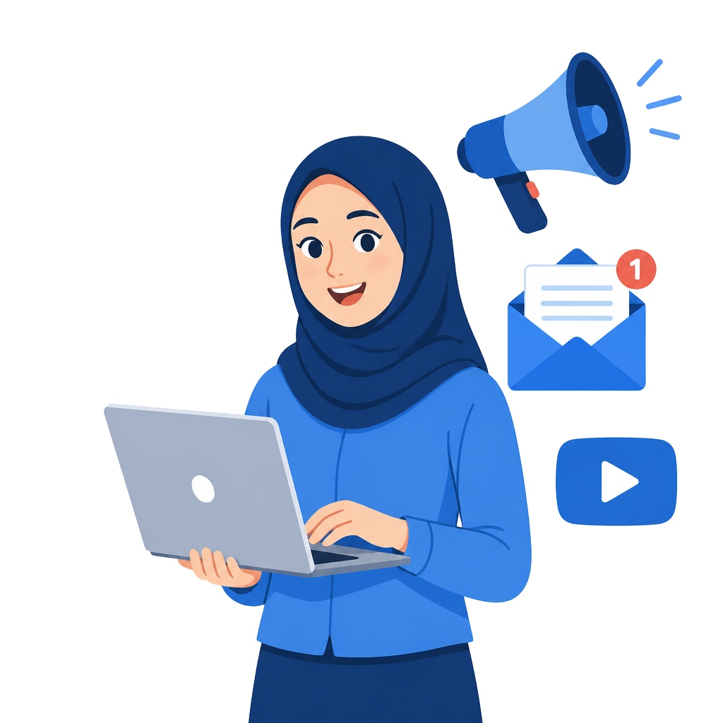 Ilustrasi perempuan berhijab memegang laptop dikelilingi ikon digital marketing