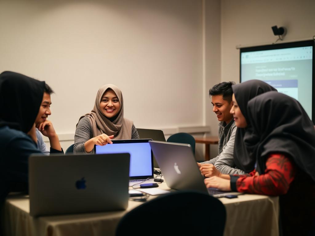 Diskusi kelompok peserta workshop dengan laptop